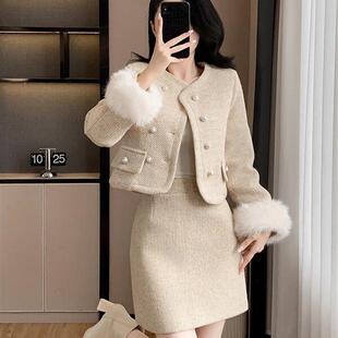 实拍韩版冬款甜美超仙羽绒小香风外套+半裙套装两件套