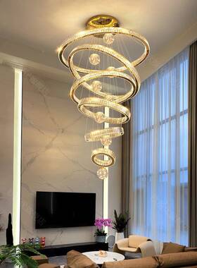 复式楼大吊灯别墅楼楼长客厅水简约现代晶挑灯EUQ具公寓空高楼梯