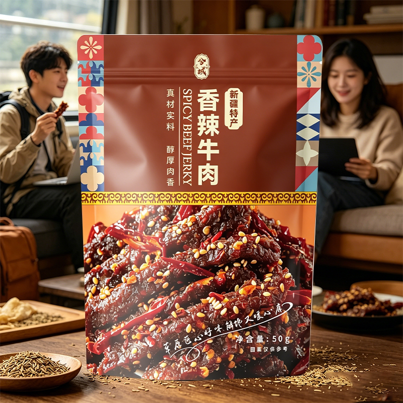 新疆特产香辣牛肉干50g袋装休闲零食孜然牛肉条配料干净解馋小吃