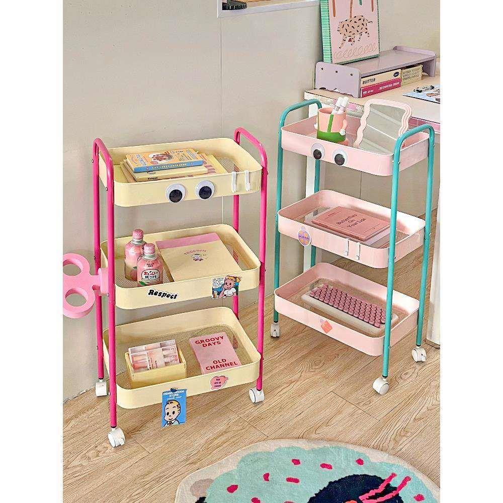 撞色小推车大容量落地零食收纳架子宿舍床边挂篮多层可移动置物架