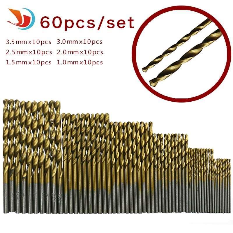 60pcs 高速钢镀钛麻花钻头 直柄钻头1/1.5/2/2.5/3/3.5mm 各10支