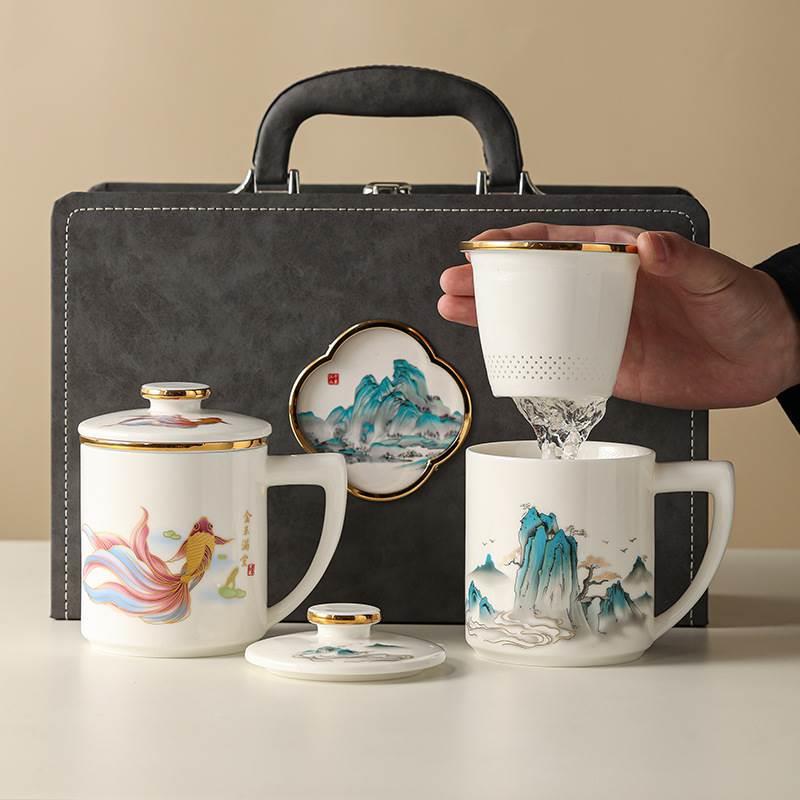 羊脂玉茶杯茶水分离杯马克杯带盖过滤陶瓷办公杯男女专用杯子logo