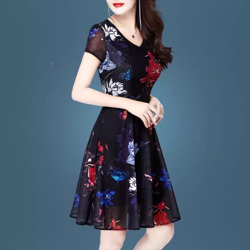 中年妈妈高贵网纱印花连衣裙今年新款夏季大码女装雪纺碎花裙子夏