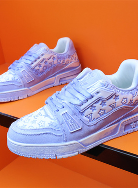 欧美小香风星星图案紫色低帮板鞋系带厚底增高情侣百搭休闲运动鞋