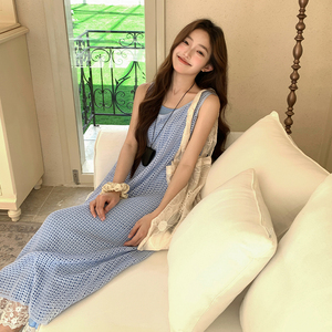 蓝色清纯甜美减龄吊带连衣裙女2025夏季新款爆款罩衫叠穿裙子套装图片