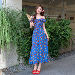 【已出货】2025新款飞飞袖蓝色碎花鱼尾连衣裙095-8221-P135-K198图片