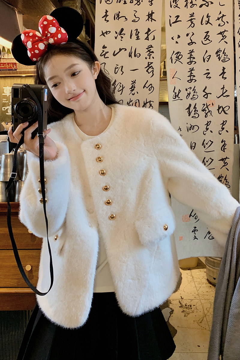 米白色小香风羊羔毛外套女冬季新款小个子加厚保暖皮毛一体棉衣潮,女装短外套,浙宝095(原288A)
