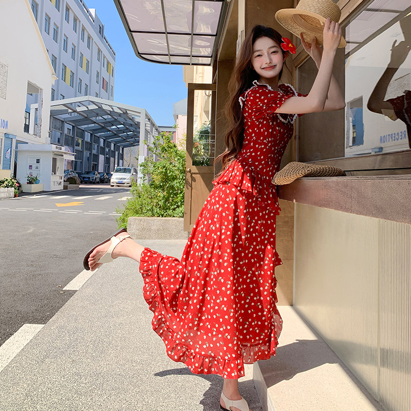 现货 2025夏季新款花边娃娃领法式红色连衣裙095-8178-P135-198图片