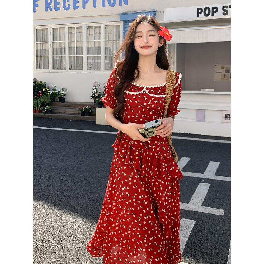 现货2025夏季新款花边娃娃领法式红色连衣裙095-8178-P135-198,女装连衣裙,浙宝095(原288A)