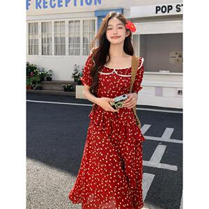 现货2025夏季新款花边娃娃领法式红色连衣裙095-8178-P135-198