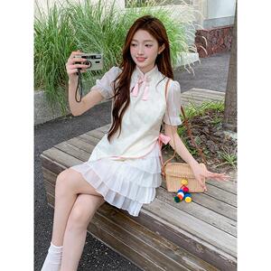 新中式甜美蝴蝶结拼接短旗袍连衣裙女2025夏季新款超好看显瘦短裙图片