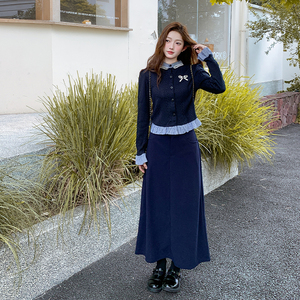 宽松气质秋季法式学院风套装裙子长袖时尚套装长款春秋显瘦休闲图片