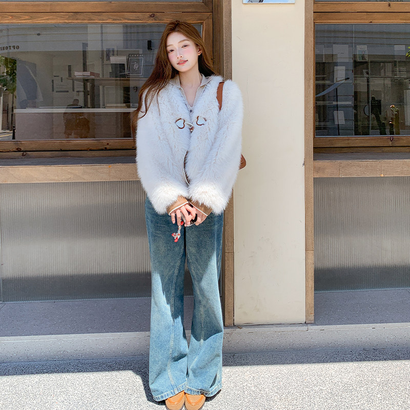 白色小香风皮毛一体仿皮草外套女2025秋冬牛角扣加厚保暖毛绒上衣,女装皮草,浙宝095(原288A)