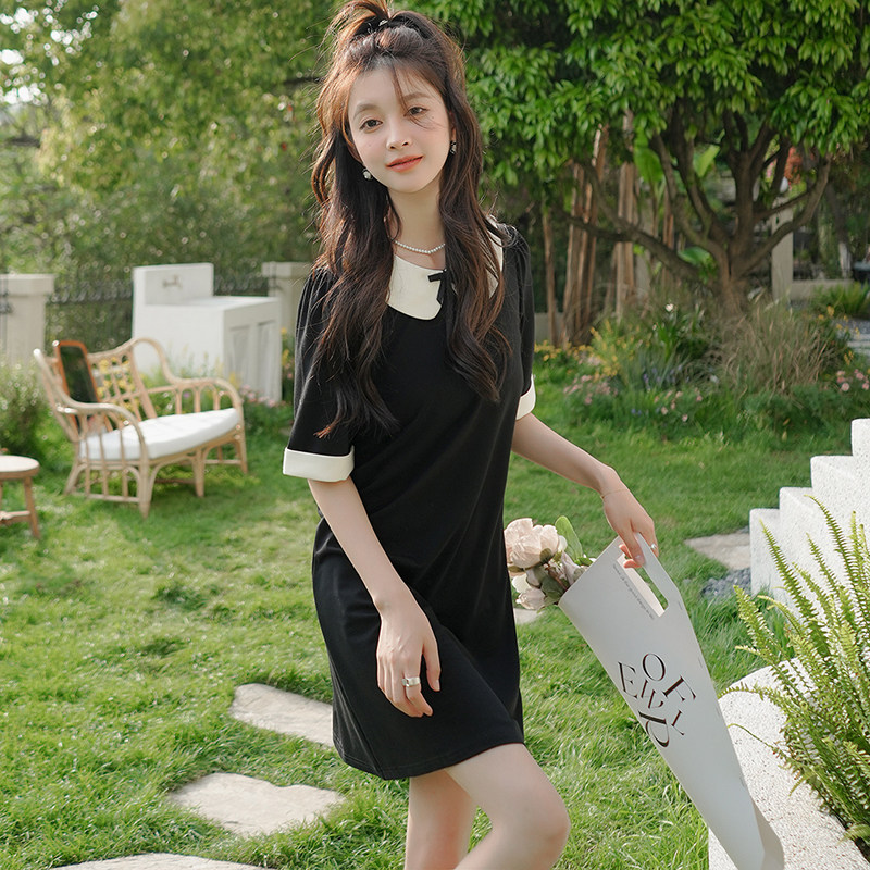 法式黑白撞色娃娃领连衣裙女2025夏季新款直筒宽松显瘦休闲A字裙,女装连衣裙,浙宝095(原288A)