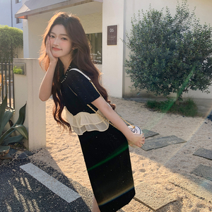 黑色荷叶边连衣裙女2025夏季新款法式设计感气质减龄小个子T恤裙