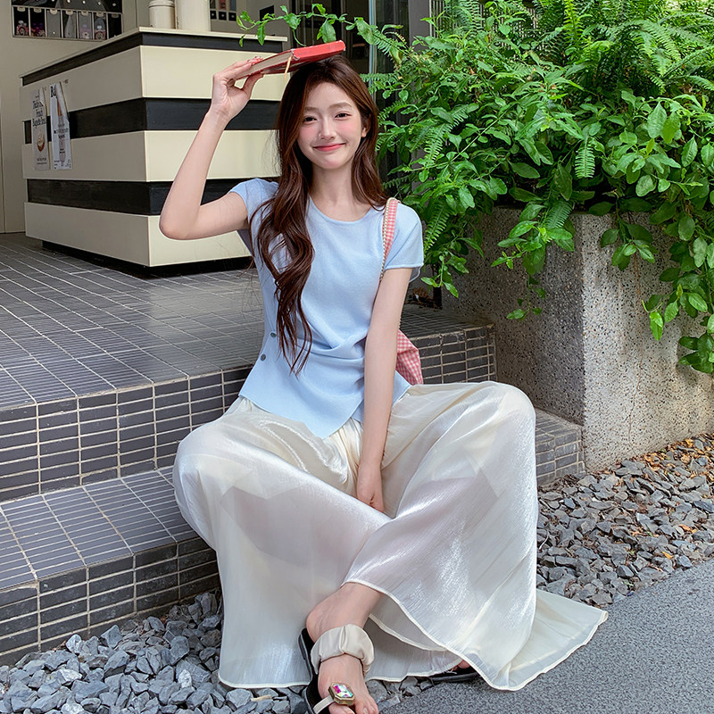 设计感收腰T恤阔腿裙裤套装女2025夏季新款韩系温柔风显瘦两件套,女装套装/套裙,浙宝095(原288A)