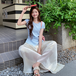 设计感收腰T恤阔腿裙裤套装女2025夏季新款韩系温柔风显瘦两件套图片