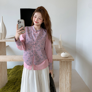 新中式盘扣印花马甲套装女2025秋季新款高级感优雅气质衬衫两件套图片
