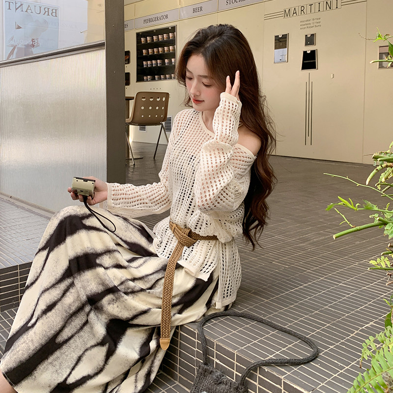 复古小众晕染印花连衣裙套装女2025初春新款镂空罩衫吊带裙两件套,女装套装/套裙,浙宝095(原288A)