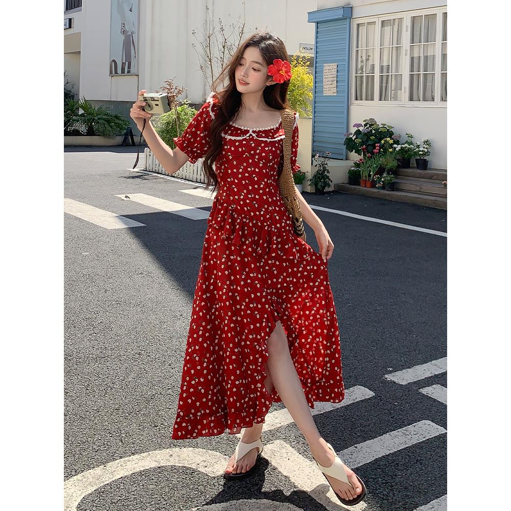 现货2025夏季新款花边娃娃领法式红色连衣裙095-8178-P135-198,女装连衣裙,浙宝095(原288A)
