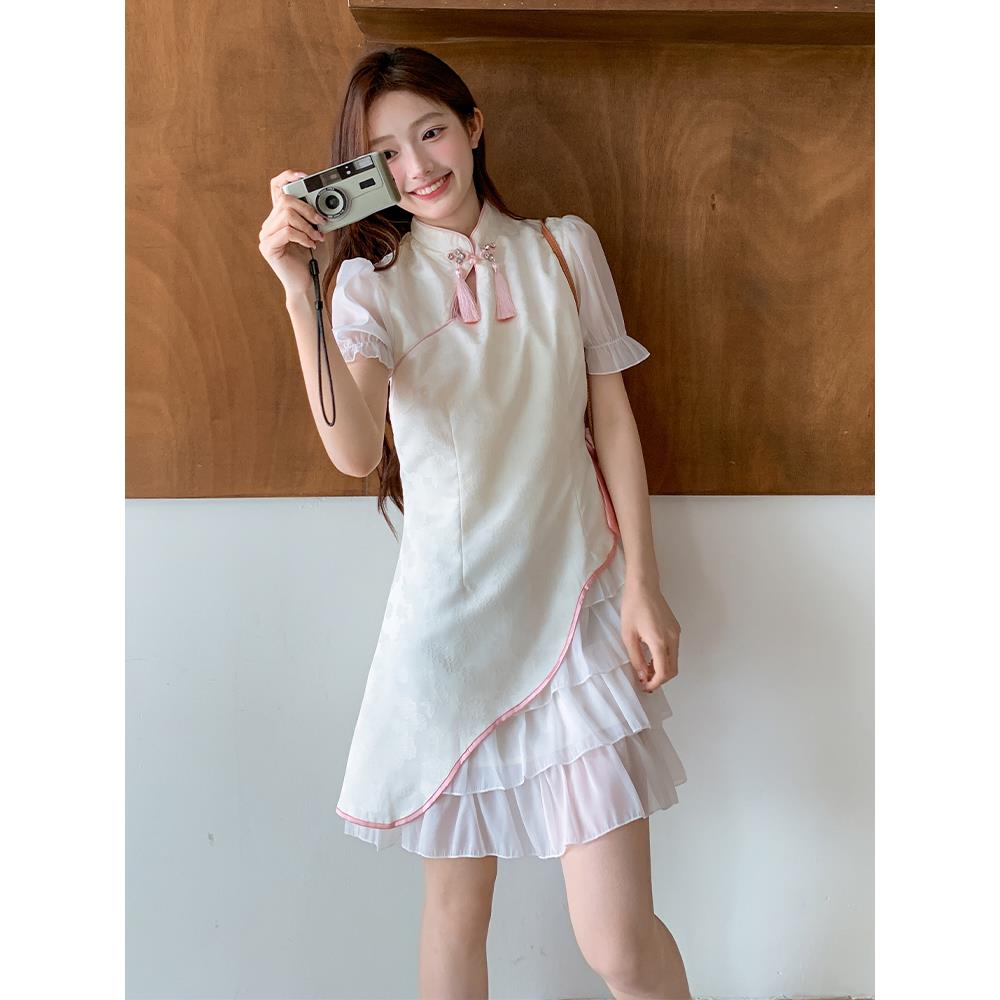 新中式甜美蝴蝶结拼接短旗袍连衣裙女2025夏季新款超好看显瘦短裙,女装汉服/婚纱/旗袍/礼服,浙宝095(原288A)
