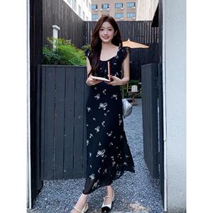 木耳边黑色碎花无袖吊带连衣裙女夏2025新款法式轻熟风御姐修身图片