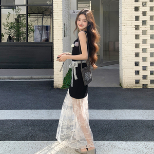 黑色蕾丝网纱拼接t恤长裙夏季新款休闲显瘦气质显身材连衣裙女裙图片