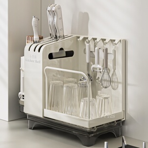 不锈钢厨房刀架置物架多功能台面筷子笼抹布刀具一体家用沥水收纳