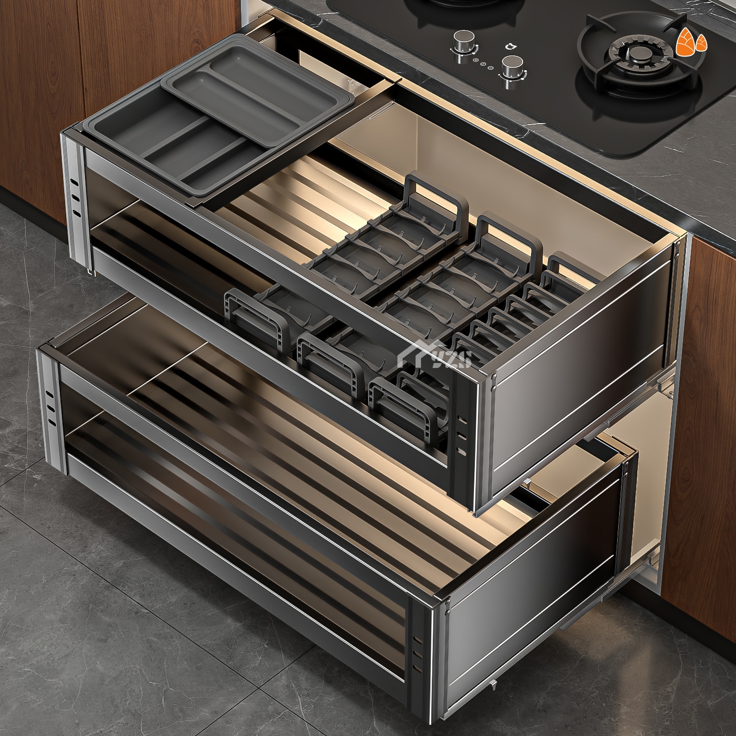 厨房拉篮不锈钢抽屉式置物架阻尼双层调味料橱柜收纳沥水碗碟架