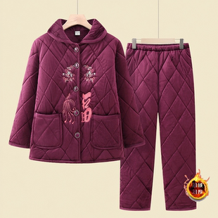奶奶冬装加绒加厚睡衣套装女中老年妈妈装保暖棉衣家居服两件套装