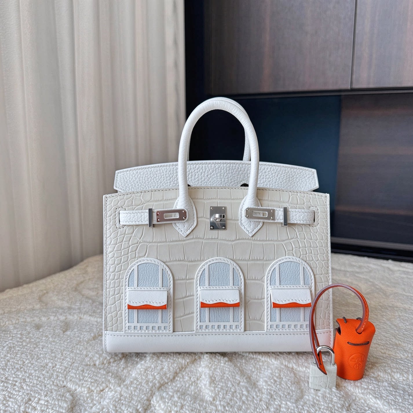 限定初雪房子高端鳄鱼皮手提包女铂金包真皮定制白房子包