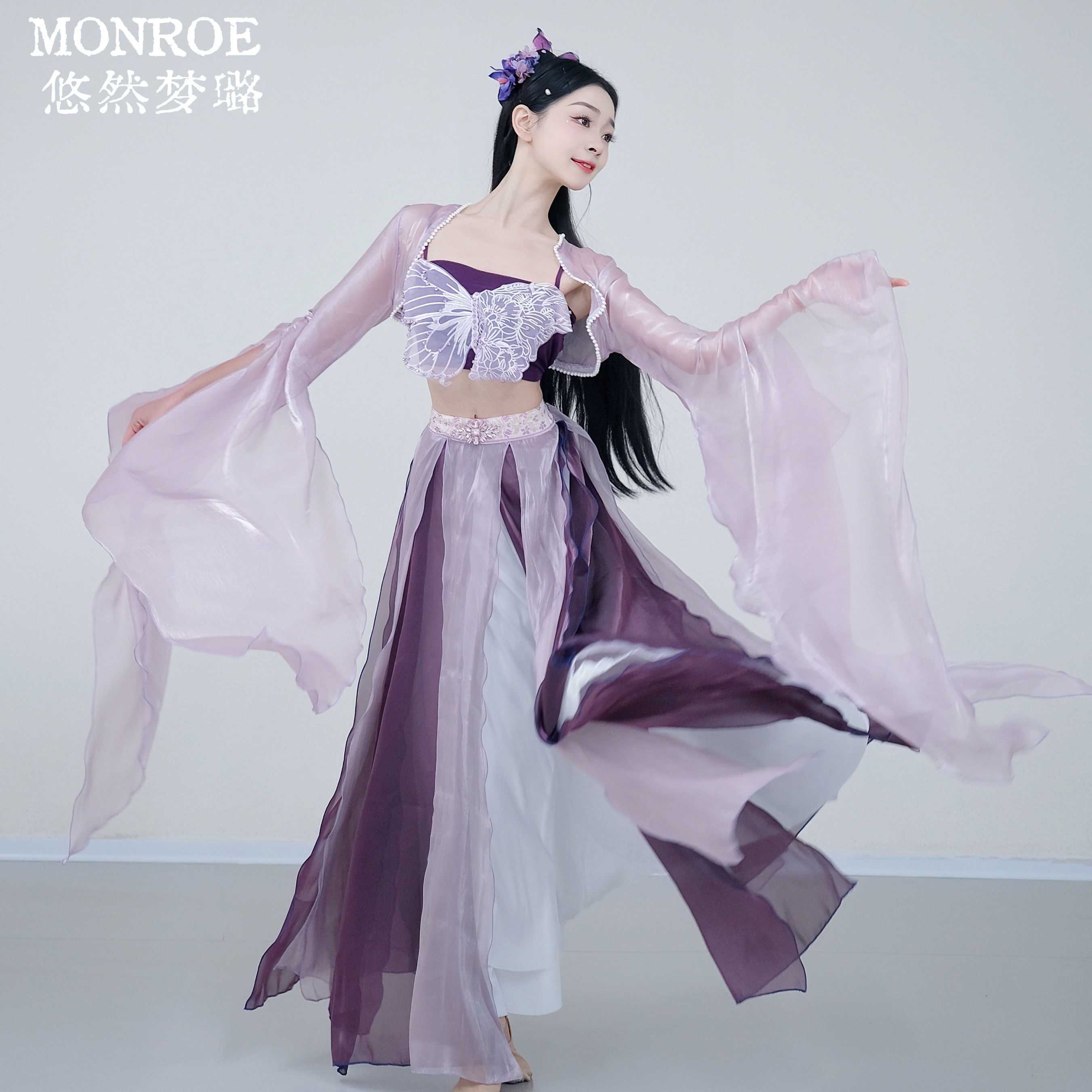 悠然梦璐古典舞服装新款紫色飘逸纱衣蝴蝶中国舞古风紫色大摆裙
