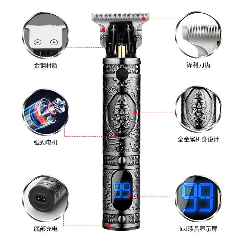 新款直销亚马逊电动理发器 T9多配件液晶充电式复古油头雕刻电推