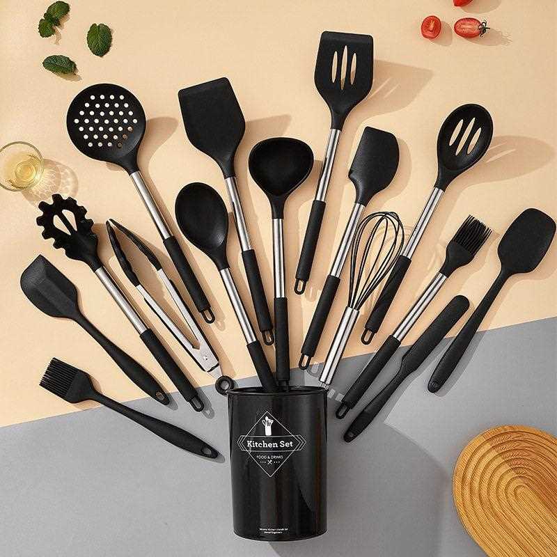 新款直销跨境厨房硅胶厨具套装 不锈钢柄硅胶厨具烹饪勺铲食品级