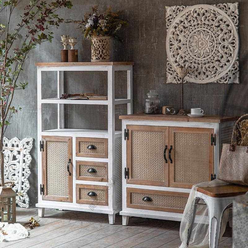 新款直销美式乡村复古做旧仿竹编餐边茶水柜置物层架民宿装饰收纳