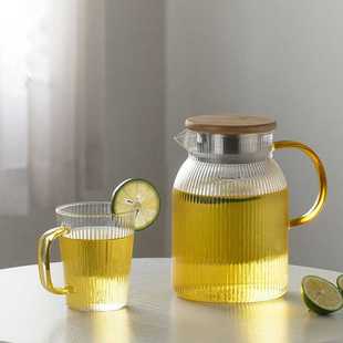 新款直销条纹高硼硅玻璃凉水壶 家用大容量耐热玻璃果汁壶 竹包钢
