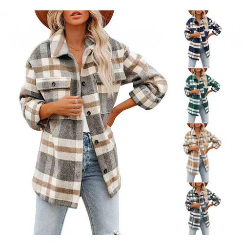 Checkered collar long sleeved shirt 女士格子翻领开衫长袖上衣
