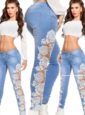 Sexy light blue high-waisted women's jeans性感蓝色高腰牛仔裤