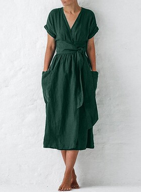 Sleeve Dress Multiway Wrap Pocket Split Hem Sash Robe Femme