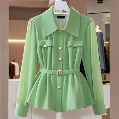 Long sleeved waist cinched shirt for women长袖收腰显瘦衬衫女
