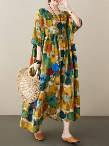 Large A Linen Pullover Round Neck Dress亚麻套头衫圆领连衣裙