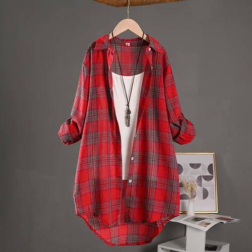 Loose long sleeved checkered shirt for women女士长袖格子衬衫