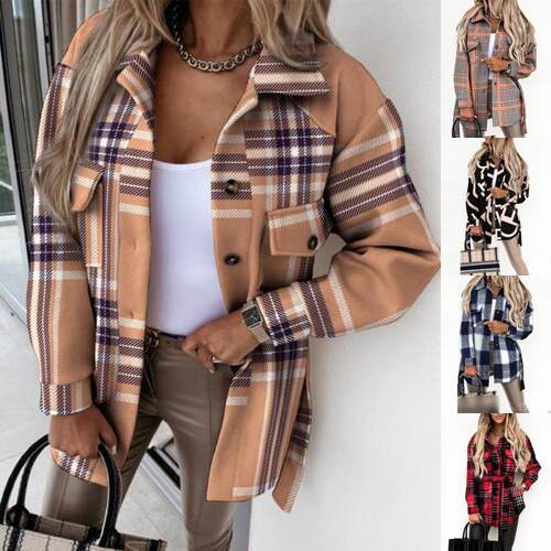 Checkered collar long sleeved shirt 女士格子翻领长袖开衫上衣