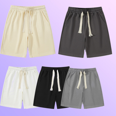 Solid color elastic waist loose shorts男士纯色松紧腰系带短裤