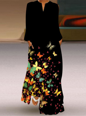 resses Women V-neck Long Sleeve Pocket Large size Long Dress