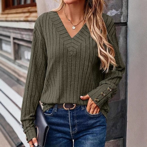 Solid color V-neck loose long sleeved top女士纯色V领长袖上衣
