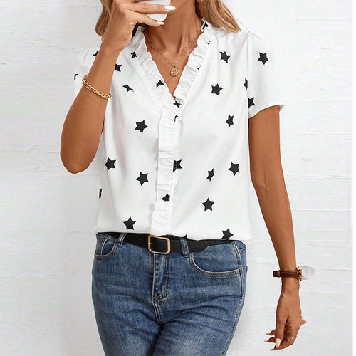 Printed V-neck pullover short sleeved top印花V领套头短袖上衣