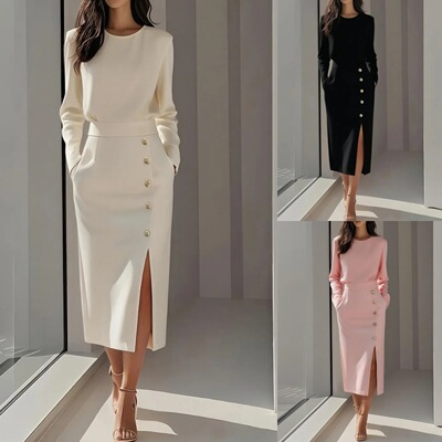 Solid color round neck slit dress 女士纯色圆领长袖开叉连衣裙