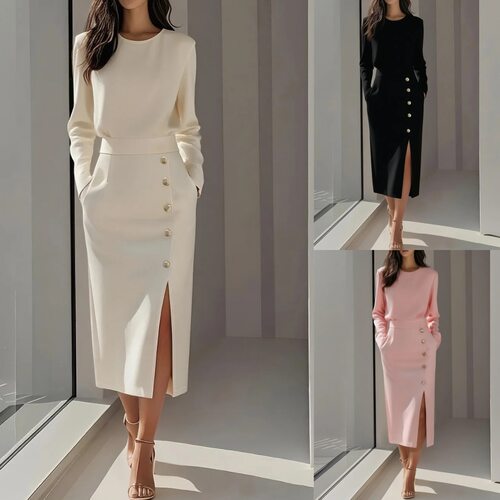 Solid color round neck slit dress 女士纯色圆领长袖开叉连衣裙