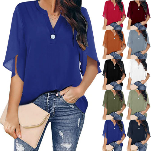 V-neck loose fitting mid sleeved top 女士纯色V领宽松中袖上衣